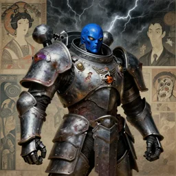 composition of gothic and futuristic, warhammer, cyber japanese style armor, more and more scars, thunderstorm, blue head, earth eyes, some purple and orange, the middle ages, highly detailed, artstation, in the style of moebius, jugendstil and classic japanese print, art by rene magritte and jean delville