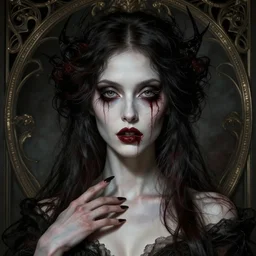 hyperrealistic detailed horrific beautiful githic portrait of woman in artnouveau style and anne stoke style darksharp focus