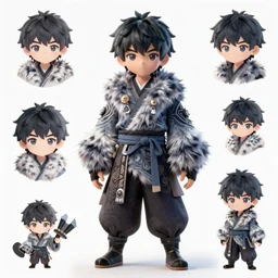 character sheet for a cute wuxia style boy, furry clothes has complex pattern, cool tint, for genshin impact by greg rutkowski, by studio ghibli, digital art, trending on artstation, hd, 8 k, highly detailed, good lighting, beautiful, masterpiece