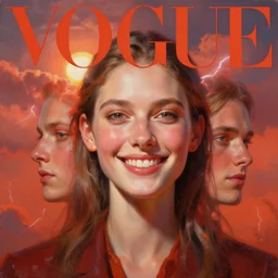 3 d, sci - fi, morning, happy fashion model face, sun, cinematic, lightning clouds, vogue cover style, stanley kubrick, light red and deep orange mood, realistic painting, intricate oil painting, high detail, figurative art, multiple exposure, poster art, 3 d, by tooth wu and wlop and beeple and greg rutkowski