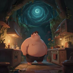 weird perspective, cel shading, chubby, epic illustration of a kitchen dim lit by 1 candle in a scenic spiral environment by anton fadeev from lorax movie, trending artstation