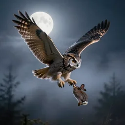huge owl with outstretched wings flapping flying at night through fog talons reaching for rabbit in the forest lit by the full moon fog moving through feathers