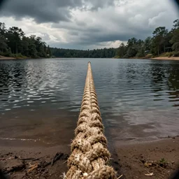 centered photograph of a single line of big thick long rope tan floating on the surface zig zag stretching out to the center of the lake, a dark lake sandy shore on a cloudy day, color film, trees in the background, hyper - detailed color photo, anamorphic lens