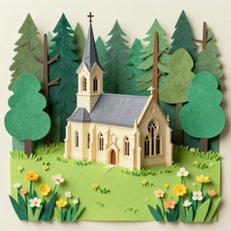 small gothic monastery in the middle of a forest with flower meadow, colored paper collage