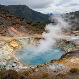 volcanic hot springs pool in the mountains, 8 k hd detailed concept art painting