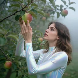 a closeup portrait of a woman wearing an iridescent holographic bodysuit, picking apples from a tree, foggy, moody, photograph, by vincent desiderio, canon eos c 3 0 0, ƒ 1. 8, 3 5 mm, 8 k, medium - format print