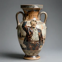 a beautiful ancient greek amphora museum ceramic pottery vase depicting stalin waving