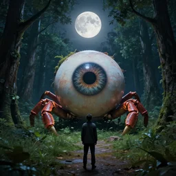 by oka yasutomo and anna dittmann, visually stunning, cinematic, ultra realistic, hyper realism, 1 2 k, epic, octane render, unreal engine, vfx, maya, centered full body, full moon island nights, a large eyeball in the middle of a park, ancient forest, 🦀👁 stranger in a strange place 👁🦀