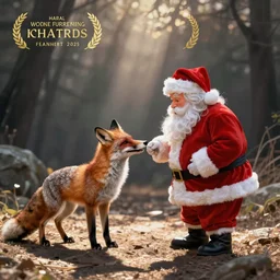 a photograph of a fox meeting santa claus