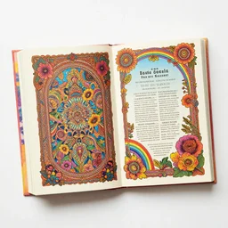 psychadelic 6 0 s inspired book catalogue, hippy, floral, rainbow