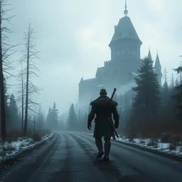 a viking walking on the road to a castle surrounded by forest in skyrim, atmospheric, volumetric lighting, winter, overcast, soft painting by greg rutkowski