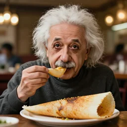 A photo of Albert Einstein eating Dosa, highly detailed, trending on artstation, bokeh, 90mm, f/1.4