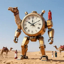 mecha clocks with indian people, in a wes anderson, in Rajasthan desert sand mound, Camel, bright sunny day, ultra detailed, hyper realistic, close up shot, DOP