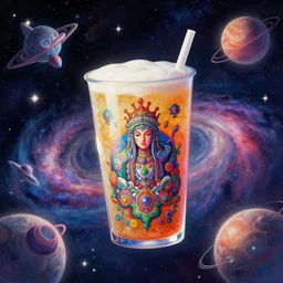 a drink billionaire floating in space, psychedelic galaxy background with spiraling stars and planets, fractal spaceships flying, interesting and complex character design, digital painting masterpiece by mœbius, kim jung gi, karl kopinski, ilya kuvshinov, 4 k wallpaper, trending on artstation