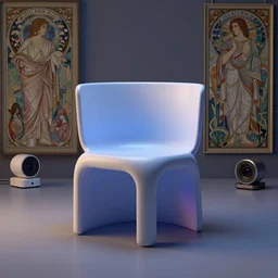 product photo of a futuristic chair, minimalistic, by artgerm and greg rutkowski and marc newson and zaha hadid, alphonse mucha, samsung apple webcam, matte glossy materials, neon, three quarter view, volumetric light, detailed, octane render, midsommar