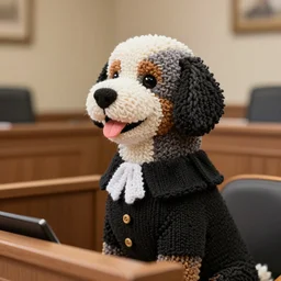 a closeup photorealistic photograph of a smiling knitted bernedoodle judge dog dressed in a black gown, presiding over the courthouse. indoors, side profile, well lit shot. this 4 k hd image is trending on artstation, featured on behance, well - rendered, extra crisp, features intricate detail, epic composition and the style of unreal engine.