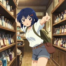 anime frames, portrait of a young female traveler in a alchemist's potion shop interior shopping, cute face by yoh yoshinari, last exile, blue submarine no 6, dynamic perspective pose, detailed, lomography, hdr,
