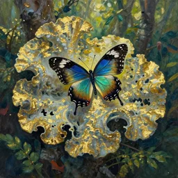 butterfly in the lichen rainforest. gouache and gold leaf work by the award - winning mangaka, bloom, chiaroscuro, backlighting, depth of field.