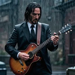 john wick playing a guitar in the rain, photorealistic, realistic, dramatic, cinematic, photography