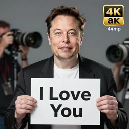 Elon Musk holding a sign saying I Love You, highly detailed, high quality, HD, 4k, 8k, Canon 300mm, professional photographer, 40mp, lifelike, top-rated, award winning, realistic, sharp, no blur, edited, corrected, trending