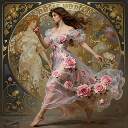 beautiful woman dressed in a vaporous wrapped large victorian pink roses silk semi-transparent dress fashion is running, D&D, fantasy, intricate, elegant, highly detailed, digital painting, artstation, concept art, matte, sharp focus, illustration, art by Artgerm and Greg Rutkowski and Alphonse Mucha, trending on deviantart