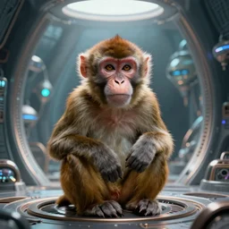 macaque inside alien base, digital art, soft shadows