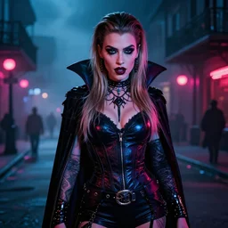 a 2 8 mm closeup photo of hailey baldwin posing as a vampire in emo clothing in a street in a misty night in louisiana, intricate, hyper detailed, smooth, high contrast, neon, volumetric lighting, octane, moebius, greg rutkowski, blade runner, ripley scott, mad max, cindmatic