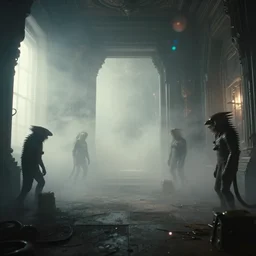 the visual echo of creatures inside the room without doors and windows | interstellar movie by ridley scott with cinematogrophy of christopher doyle and art direction by hans giger, anamorphic bokeh and lens flares, 8 k, higly detailed masterpiece, fog