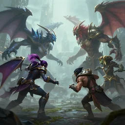 hyperrealism fantasy creatures fight scene with characters from league of legends portrait, digital art, an fantasy fight, background of sci fi city in fog, diffused lighting, 8 k dop hdr