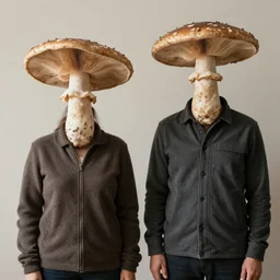 persons with mushrooms as heads, realistic