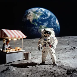 Diorama of the arrival of man to the moon, lunar walk, with the image of planet Earth in the background, year 1968, With street food stalls, street marinship stalls Alexander Jansson Style, Realistic, many details, ultra detailed, octane render, real engine 5