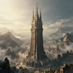 a gigantic brutalist ancient tower, a detailed structure with at the top 3 spires in form of a trident, 7 0 0 hundred meters tall set against sunlit, surrounded by smoke, mountains and a huge old city, 8 k, volumetric lighting, cinematic composition, octane render, dark surrealism, highly detailed by peter mohrbacher, hajime sorayama, wayne barlowe, boris vallejo, aaron horkey, gaston bussiere, craig mullins