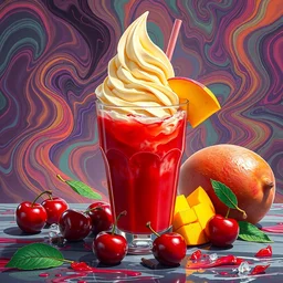 cherry mango icecream juice by _ beeple, artgerm, _ aaron _ horkey _ amanda _ sage _ bauhaus, salvador dali, _ bernie _ wrightson _ bruce pennington _ frank _ stella _ anne _ stokes _ alena _ aenami _ angus _ mckie, alex grey, akira toriyama, arthur adams, hp lovecraft, andre masson, brian despain. abstract, artstation, design 4 k, native, hd,