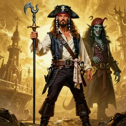 The Secret of Monkey Island Guybrush Threepwood, a mighty pirate and LeChuck, a demonic undead pirate character design, intricate detailed painting movie poster, golden ratio, trending on cgsociety, majestic, whimsical comedy caricature epic fantasy, trending on artstation, by Greg Rutkowski and Mike Mignola, highly detailed, vibrant, cinematic quality character render; low angle; ultra high quality model; production quality cinema model