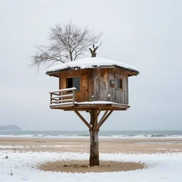 snowy treehouse on a beach