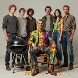 portrait of a morphed painter sitting in a chair next to a bbq, art by james jean and luc tuymans and vincent lefevre and hernan bas and pat steir and hilma af klint, psychological, dripping paint, high quality render, cg society contest winner, retrofuturism, masterpiece