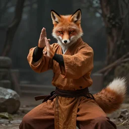 A fantasy comic book style portrait painting of a fox person in monk clothing training martial arts, DAZ, hyperrealistic, ambient light, dynamic light