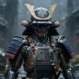 close - up frontal shot of a samurai made of architectural elements, rainy background, futuristic and dark atmosphere, technology and post - human mood, hyper - detailed, ultra - realistic universe, 8 k, post - production, photo real ultra high detail, cinematic lighting, apocalyptic world