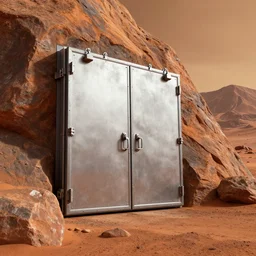 a large metal blast door on the side of a mountain on mars by peter mohrbacher, firefly, unreal engine 5, extreme detail, hyper realism, realistic shading, cinematic composition, realistic render, octane render, detailed textures, photorealistic, colorful, raytracing
