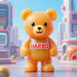 portrait of haribo bear in future city, color and shape focus, central composition, natural light, bloom, puff, by simon stalenhag and rene magritte and anton fa