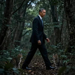 obama crossed with a cat in a dark forest, dark colors, mysterious