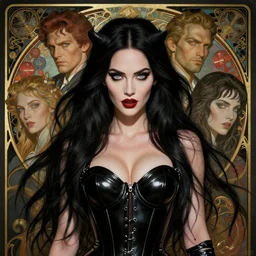 new art nouveau portrait of fantasy succubus maleficent megan fox wearing a latex corset, anna dittmann, moebius, wlop, artgerm, patrick nagle, charlie bowater and loish. long windblown hair, very large, clear, expressive, and intelligent eyes, ultrasharp focus, dramatic lighting, photorealistic digital matte painting, intricate.