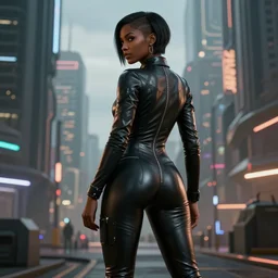 a beautiful Black woman wearing a leather catsuit, standing with her back to us, in a futuristic blade runner city, unreal engine, artstation