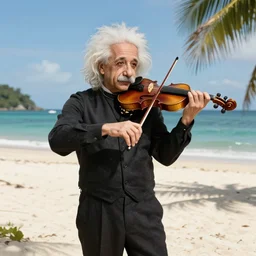 albert einstein on tropical beach playing violin tourism photography award winning in the style of andrew rankin