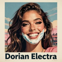 Blast of liquid toothpaste covering Dorian Electra, big teeth smiling Dorian Electra, toothpaste vintage advertisement poster printed CMYK ink coloured lithography, everything made out of toothpaste, edgy hyperfeminine