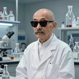 asian old skinny scientist, bald, big moustache, black sunglasses, white gown, in laboratory, intricate, elegant, digital painting, highly detailed, artstation, sharp focus, concept art, illustration, artgerm, aleksi briclot, rutkowski
