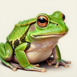 realistic portrait beautiful painting of frog, triple eye pupil. facing right, fine art, sinister, trending on artstation, smooth draw, sharp focus, digital art, bright colors, fine draw, perfect lighting, high render, high resolution.