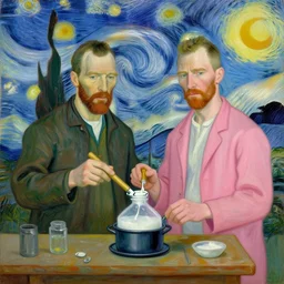 Walter White and Jesse Pinkman cooking meth, in the style of Van Gogh, oil painting