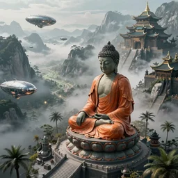 sci fi cinematic establishing shot of a single sitting buddha statue with an intricated orange robe in the style of tim white, high detail digital painting a grey green buddhist temple on a misty high mountain, high detailed valley with palm trees, high camera angle, mystic atmosphere, a detailed metallic temple on a misty mountain, shiny metallic airships with reflections, volumetric fog, perspective painting, atmospheric shot,