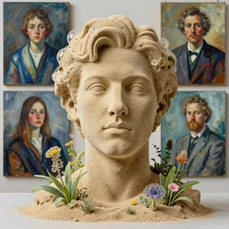 a sculpture portrait made of sand and bubbles and plants and flowers, painting part by wojciech siudmak, part by ilya repin, part by max ernst, part by norman rockwell, artstation